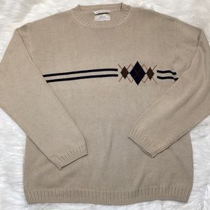RGM Men’s Vintage Beige Argyle Crew Neck Long Sleeves Pullover Ribbed Sweater